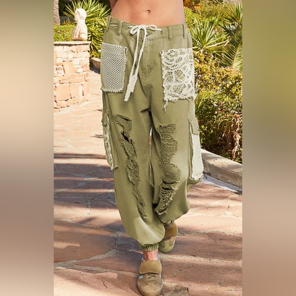 POL Olive Green Distressed Wide Leg Cargo Pants